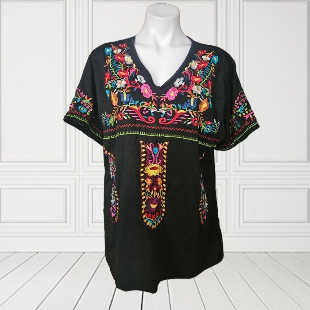 Mexican Embroidered Black V-Neck Top